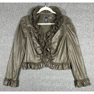 INC International Concepts Ruffled Faux Leather Open Front Jacket XL Brown/Green